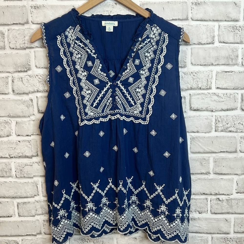 Sundance BLUE Annette Eyelet Top Embroidered Bohemian Sleeveless